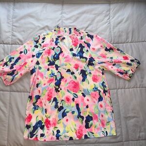 Floral Print Blouse with a Smocked Neckline Size Medium